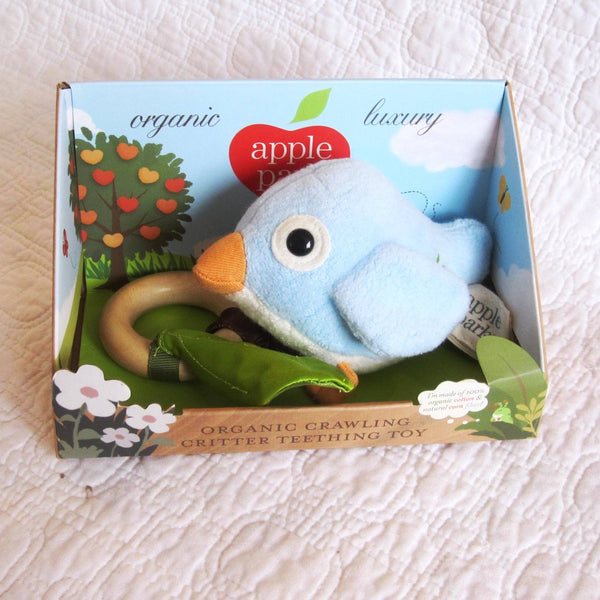 Organic Cotton Blue Bird Teething Toy, Pull and Play Jiggle, by Apple Park, Ages 6 mo.+