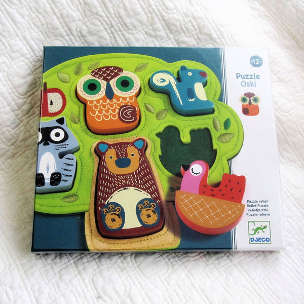 Unique Felt and Chunky Wood Puzzle "Oski" Animals , Ages 12 mo.+
